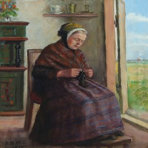 Interior With Knitting Woman by Anne Marie Hansen