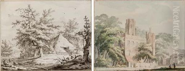 The Forest Near Gieten With A Woodcutter Near A Farmhouse, Figures At A Well Beyond - view 1