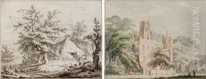 The Forest Near Gieten With A Woodcutter Near A Farmhouse, Figures At A Well Beyond by Carel Lodewijk Hansen