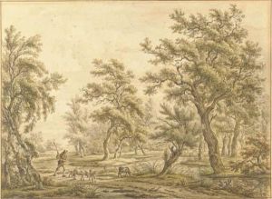 A Herdsman And His Sheep On A Path Near A Stream In A Forest Landscape by Carel Lodewijk Hansen