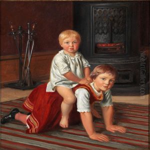 "to Born (elise Og Og Signe Konstantin H.) Leger Foran En Kakkelovn