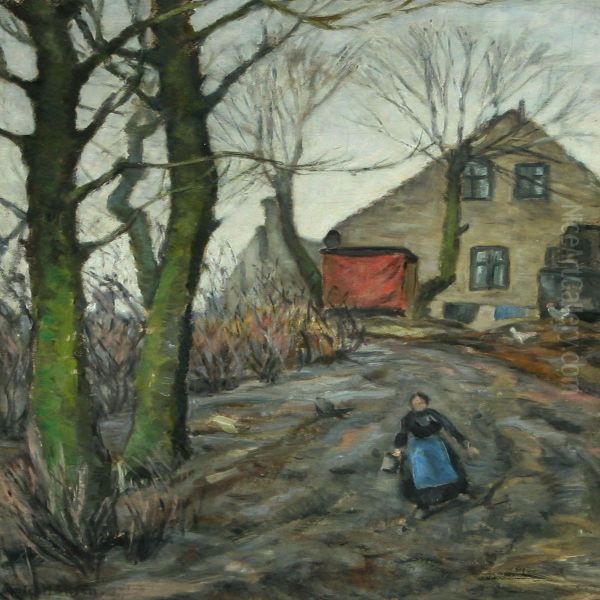 Landscape With Woman Ona Path, In The Background House And Chickens - view 1