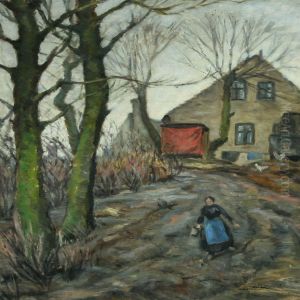 Landscape With Woman Ona Path, In The Background House And Chickens by Emiel Hansen