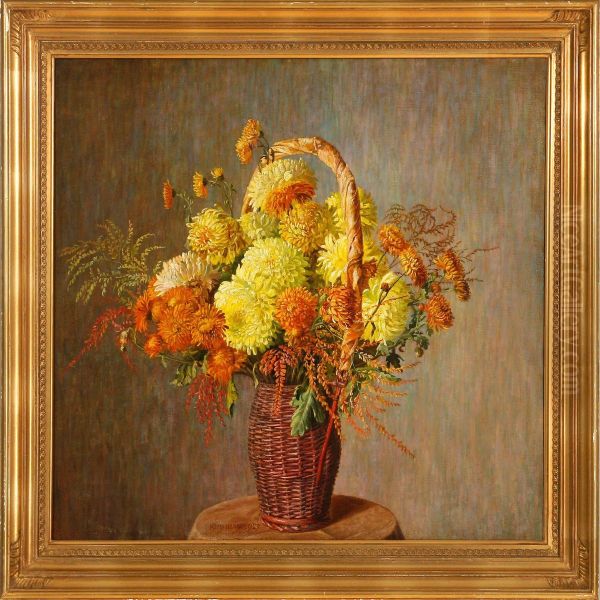 A Still Life With Yellow Flowers In A Jar On A Table - view 1