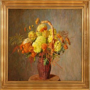 A Still Life With Yellow Flowers In A Jar On A Table