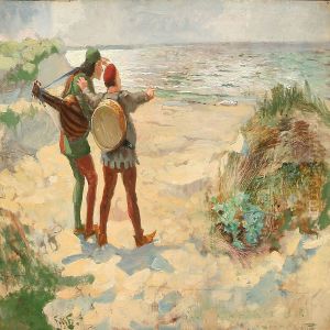 Coast Scene With Two Musicians Staring At The Sea by Hans Nikolaj Hansen
