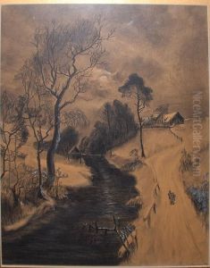 Landscape River W/ Houses And A Road by Knut Hansen