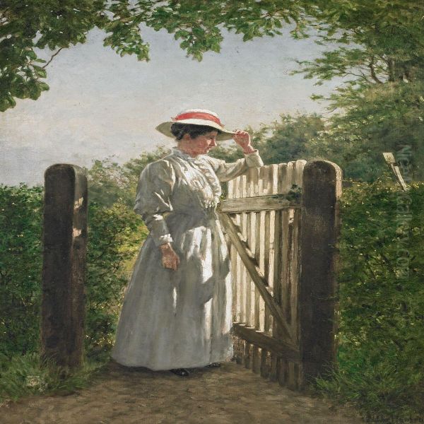 Woman In Awhite Dress Standing In The Sun By An Open Garden Gate - view 1