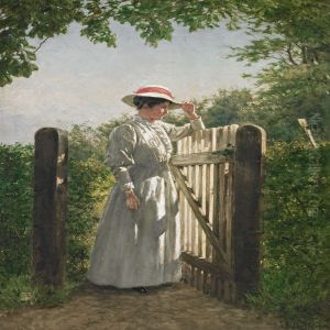 Woman In Awhite Dress Standing In The Sun By An Open Garden Gate by Niels Christian Hansen