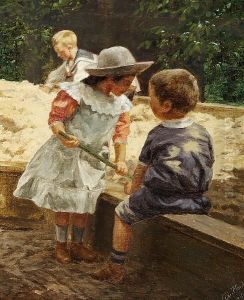 Three Children Playing In A Sandpit by Niels Christian Hansen
