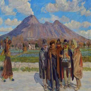 Men Selling Souvenirs On A Cold Day, In The Background Mount Vesuvius by Peter Marius Hansen