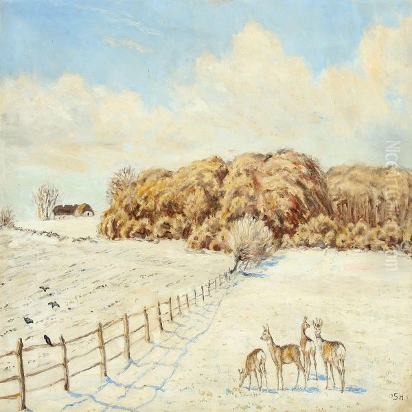 Winter Landscape With Deer And Crows - view 1