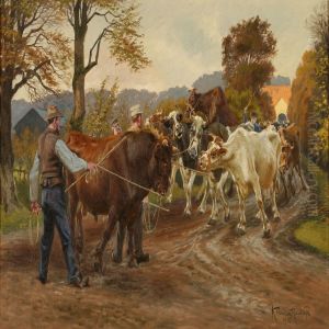 Farmers With Their Cattle On A Dirt Road by Karl Frederik Hansen-Reistrup