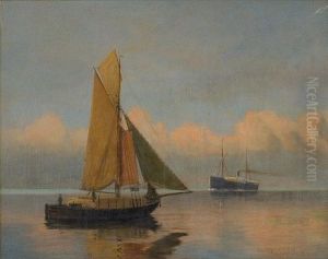Steamer And Sailing Boat In Calm Seas by Niels Hansteen