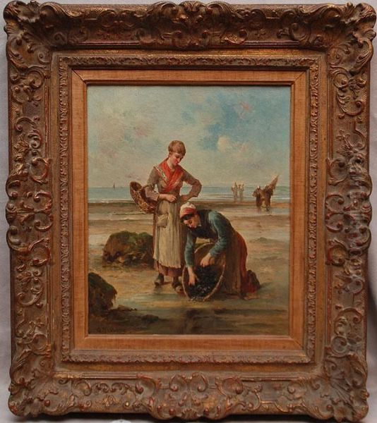 Two Girls Gathering Mussels - view 1