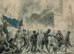 Scene De Barricades Au Palais Royal by Guillaume-Alphonse Harang Dit Cabasson