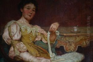 An Elegant Lady Seated With A Fan by George Harcourt