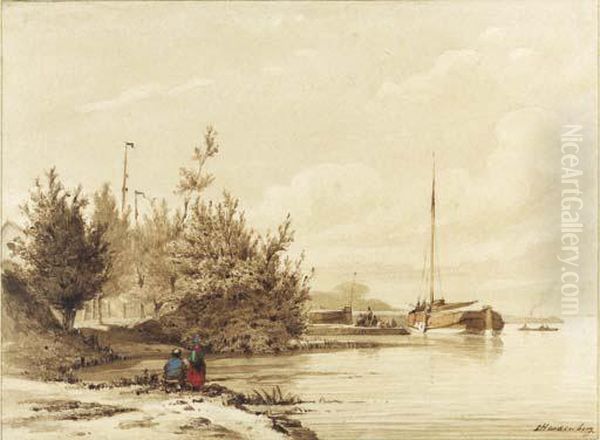 A Fisherman And His Wife By A River, A Moored Sailing Vessel Withfigures On A Jetty Beyond - view 1