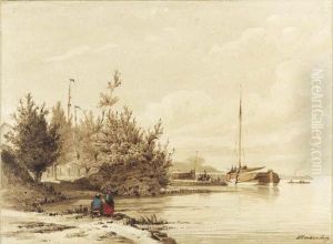 A Fisherman And His Wife By A River, A Moored Sailing Vessel Withfigures On A Jetty Beyond by Lambertus Hardenberg