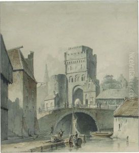 A View Of A Town With A Gate Over A Canal, A Church Beyond by Lambertus Hardenberg