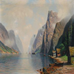 Norwegian Mountainscape With Houses And Ships by Johannes Hardes