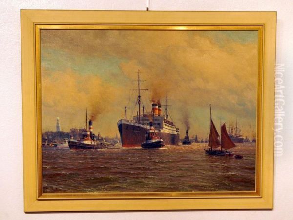Blick Auf Die Elbe Vor Hamburg Mit Mehreren Dampf - view 1