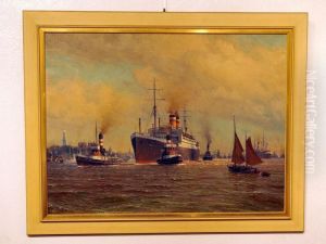 Blick Auf Die Elbe Vor Hamburg Mit Mehreren Dampf