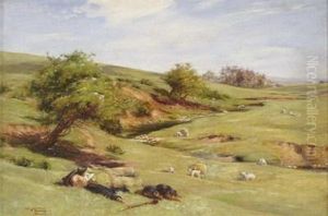 A Shepherd And Sheepdog Resting In A Moorland River Landscape by Charles Martin Hardie