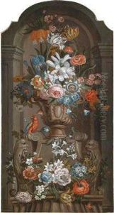 A Magnificent Still Life And A Vase Of Flowers And A Parrot In A Niche