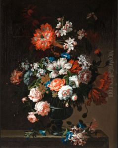 Roses, Tulips, Carnations And Other Flowers In A Glass Vase, With Honeysuckle And Morning Glory On A Stone Ledge