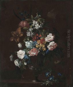 Roses, Tulips, Carnations And Other Flowers In A Sculptured Urn On A Stone Ledge by Simon Hardime