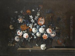 Roses, Chrysanthemums, Honeysuckle And Other Flowers In A Basket On A Table-top