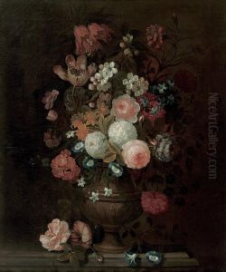 Roses, Tulips, Carnations, Morning Glory And Various Other Flowersin A Vase, On A Stone Ledge