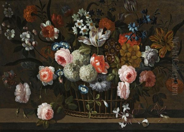 Still Life Of Roses, Daffodils, Morning Glory, Hydrangea, Snowballs, And Other Flowers In A Basket On A Stone Ledge - view 1