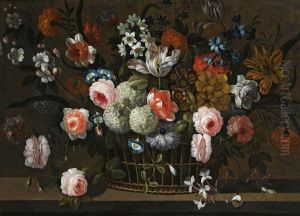 Still Life Of Roses, Daffodils, Morning Glory, Hydrangea, Snowballs, And Other Flowers In A Basket On A Stone Ledge by Simon Hardime