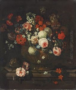 Roses, Tulips, Chrysanthemums And Other Flowers In A Sculptural Urn, On A Stone Ledge