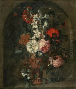 A Floral Still Life With Roses, Bluebells And Other Flowers And A Butterfly In An Earthen Vase Within A Niche
