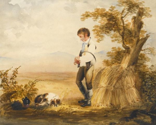 A Reaper And His Spaniel At The Edge Of A Field - view 1