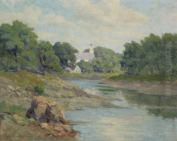 New England Church Along The River - view 1
