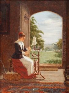 Young Woman Seated At A Spinning Wheel In An Interior by Dorofield Hardy