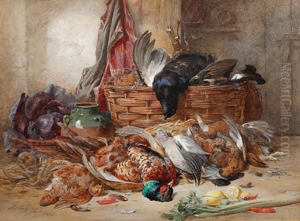Still Life Of Game And A Wicker Basket In Akitchen - view 1
