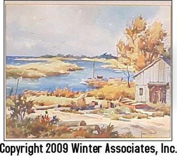 Landscape With Boathouse In Foreground And Moored Sailboats In Background - view 1