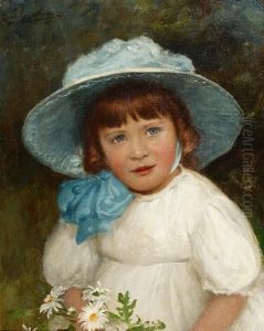 Portrait Of A Young Girl In A Blue Bonnetholding A Bouquet Of Daises by Julius Hare