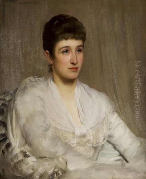 Portrait Of A Lady In A White Lace Dress - view 1