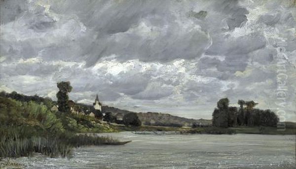Flussuferpartie Mit Dorf Unter Gewitterwolken - view 1
