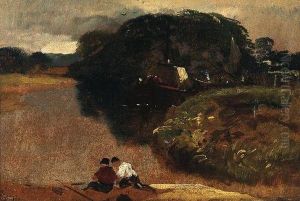 Boys Fishing Near A Barge by Edward Hargitt