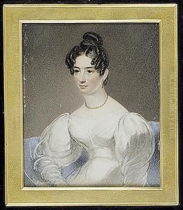 A Lady, Seated On A Pale Blue Upholstered Sofa, Wearing White Dress, Coral Necklace And Drop Earring by George Hargreaves