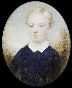 A Young Boy, Wearing Dark Blue Suit With White Collar, Landscape Background