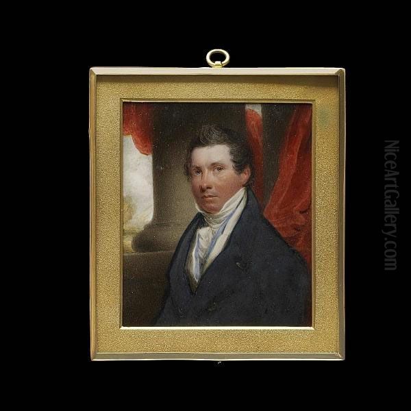 A Gentleman, Wearing Blue Coat, White Waistcoat, Pale Blue Solitaire, Frilled White Chemise And Stock, Pillar And Red Curtain Background. - view 1