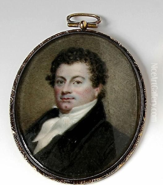 A Portrait Miniature Of A Gentleman Wearing Black Coat With High Collar, And White Stock, Oval - view 1
